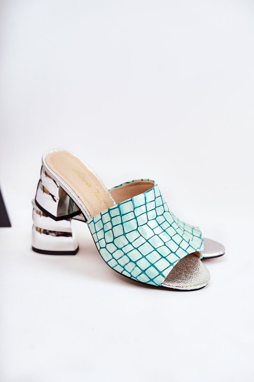 Klapki Skóra Damskie Wzór Krokodyl Obcas Jasnozielone Perry