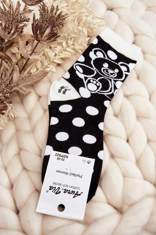 Women's Mismatched Socks with Teddy Bear Black and White