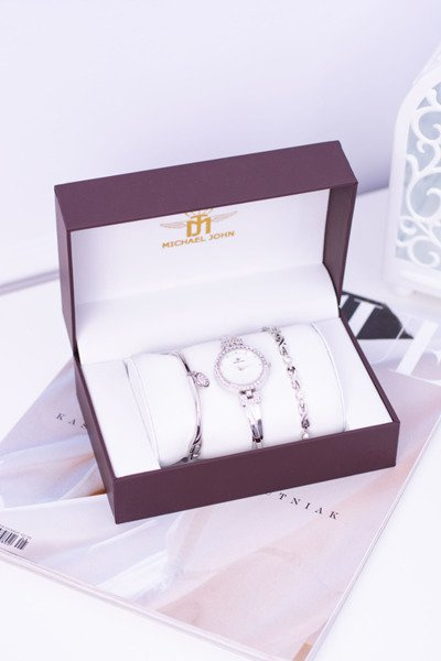 Michael John Women's Silver Watch With Zircons Set Two Bracelets