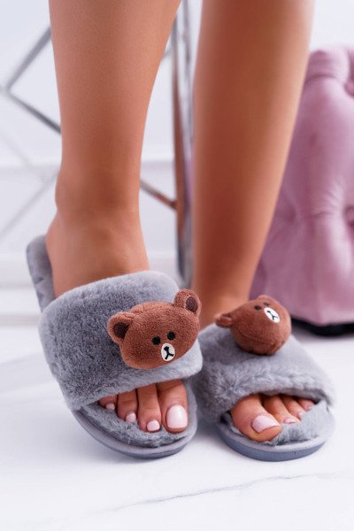 Lu Boo Damskie Szare Pluszowe Klapki Z Misiem Teddy