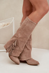 Ladies Slip-On Cowboy Boots With Heel And Fringes Beige Zalia
