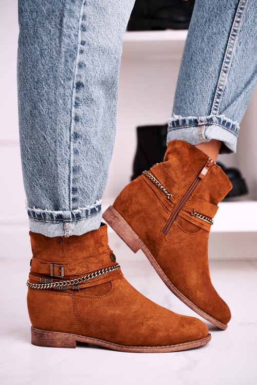 Women's Boots With Chain And Hidden Wedge Suede Camel Eliza