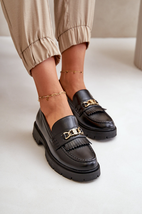 Eco Leather Women's Moccasins with Gold Decoration Black Zanita