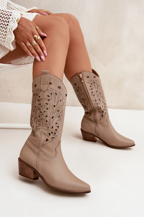 Kozaki Ażurowa Cholewka Skóra Naturalna Obcas Ciemnobeżowe Zazoo 3714