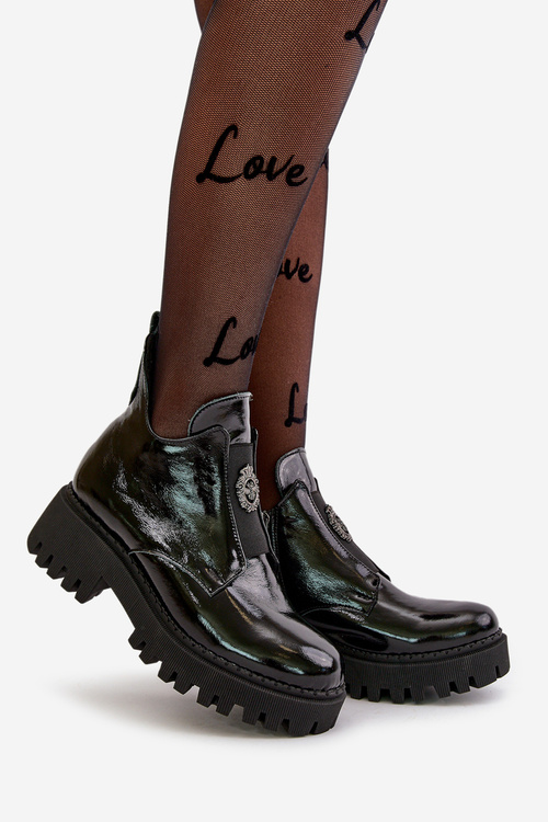 Zazoo 60451 Women's Leather Ankle Boots With Decoration Patent Black