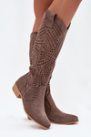 Openwork Women's Knee-High Block Heeled Boots Dark Beige Fioris