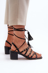 Lace-up Sandals with Low Heels Adorned with Studs Black Chrisele