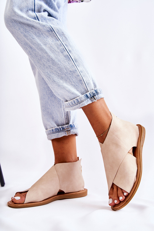 Women's Leather Sandals Broad Foot Beige Catalise