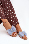 Women Flat Heel Slippers With Tulle Bow Denim Tanira