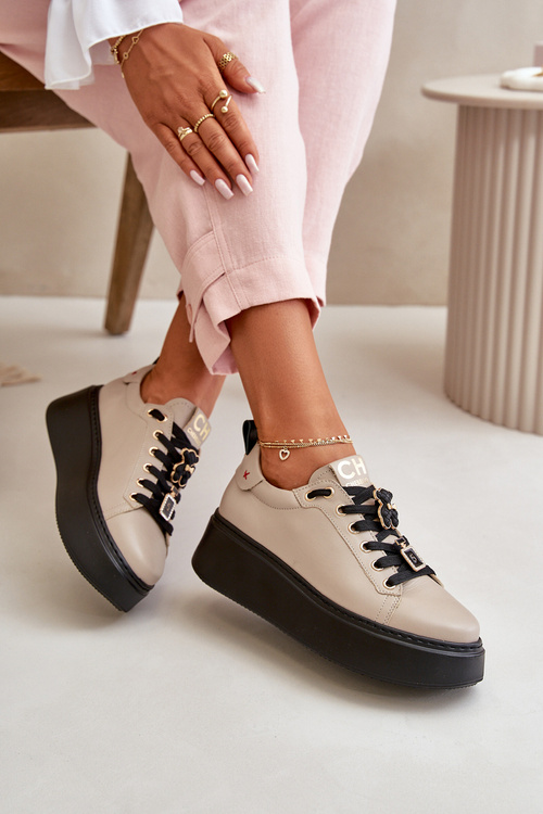 Women's Leather Sneakers With Pins On Platform Beige CheBello 4596