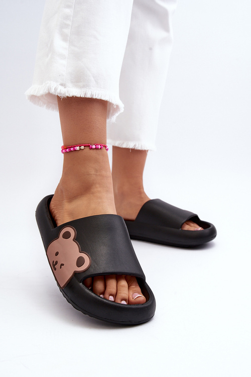 Women's Lightweight Foam Slippers Bear Motif Black Parisso