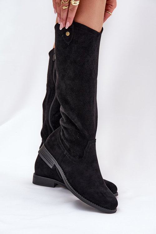 Flat Heeled Boots With Perforated Pattern Black S.Barski HY51-062
