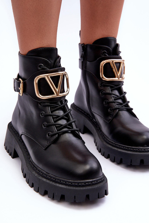 Stylish Lace-up Boots with Ornament Black Ollia
