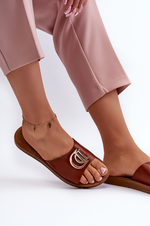 Klapki Damskie Płaska Podeszwa Ozdoba Brązowe Amoonia