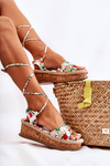 Sandałki Espadryle Damskie Wiązane Kwiaty Białe Lamour