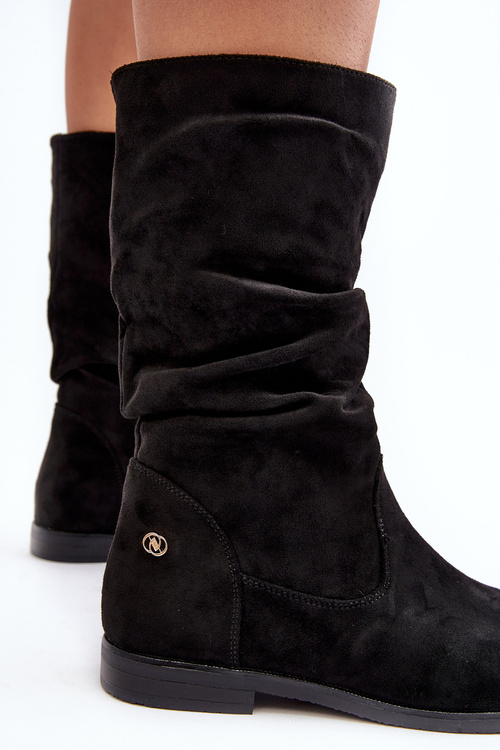 Botki Damskie Płaski Obcas Marszczona Cholewka Czarne Kotine 23BT35-6448