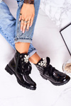 Insulated Boots With Pearls And Ribbon Patent Black Perla