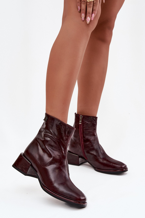 Women's ankle boots made of genuine leather with block heel heated D&A CR52-715 Bordeaux
