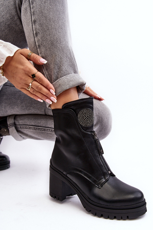 Women's Leather Boots with Rhinestones Black Rosie