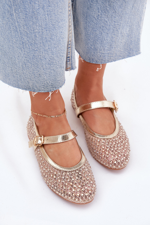 Decorated Women's Ballet Flats With Strap And Buckle Gold Avirae