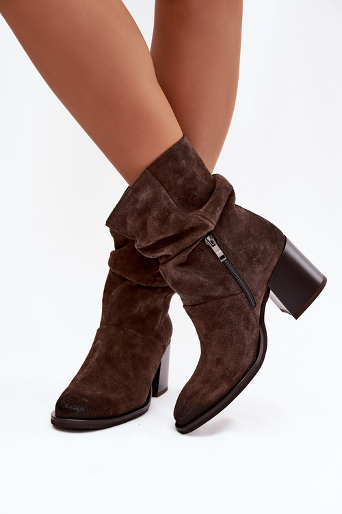 Leather Suede Ankle Boots with Gathering on Heel Zazoo 1127 Chocolate