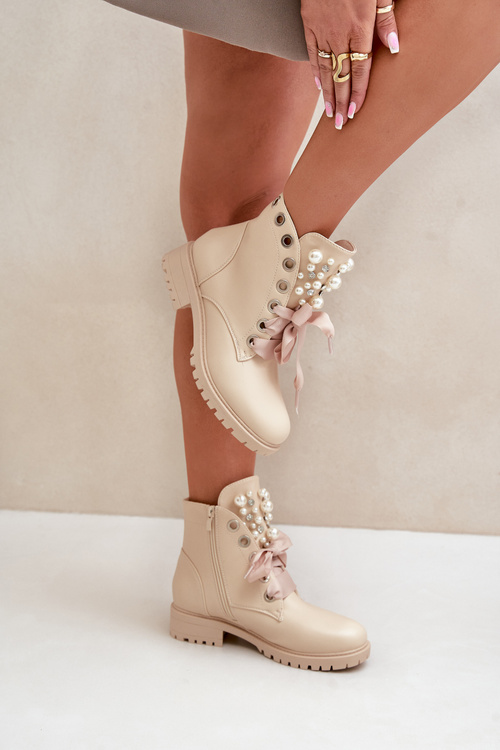 Beige Boots With Pearls, Rhinestones And Ribbon Nudago