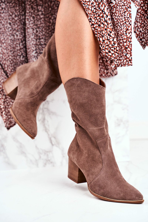 Botki Damskie Na Obcasie Skóra Nubuk Cappuccino Nicole 2580