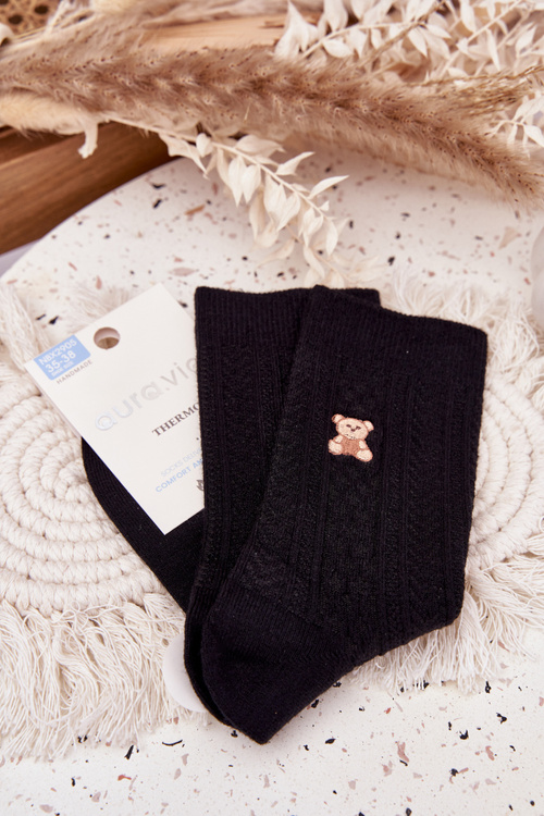 Damskie Skarpetki Ciepłe Z Wełną Miś Czarne