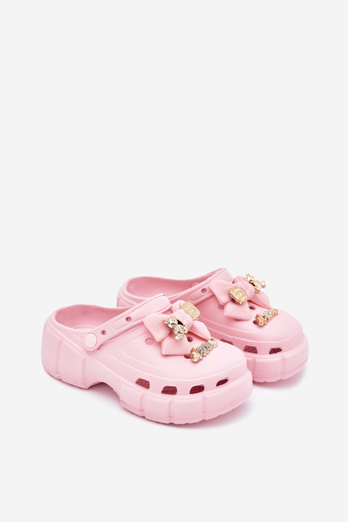 Girls Children's Foam Slippers With Bow And Decorations Pink Selvana