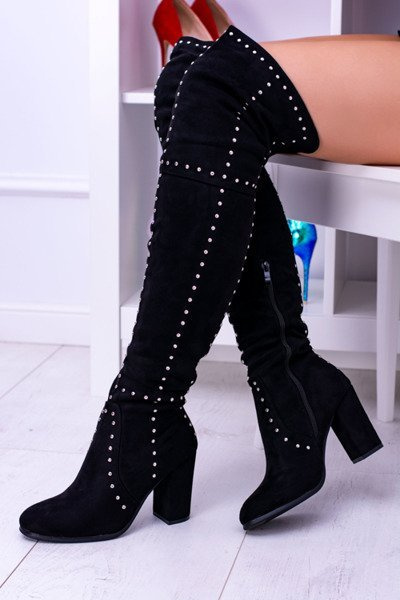 Black Suede Over-the-Knee Boots Musketeers Studs Almo