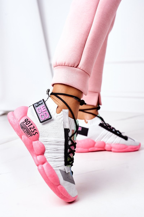 Sneakersy Sportowe Buty Wiązane Biało-Różowe Bubble Tea