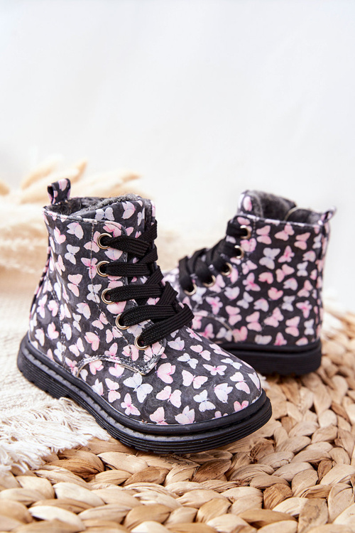 Leather Woolen Boots Warmed with Grey Butterflies Amy