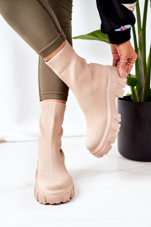 Elastic Fabric Boots On The Platform Beige Inspiration