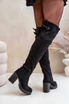 Kozaki Damskie Obcas Słupek Eko Zamszowe Z Cholewką Za Kolano Ocieplane Czarne Niaviera