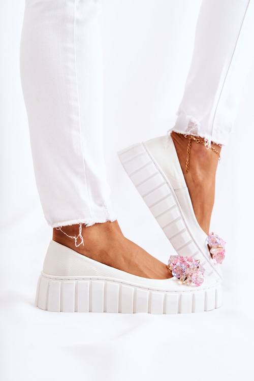 Leather Ballerinas On A Platform With Colorful Ornament White Ladette