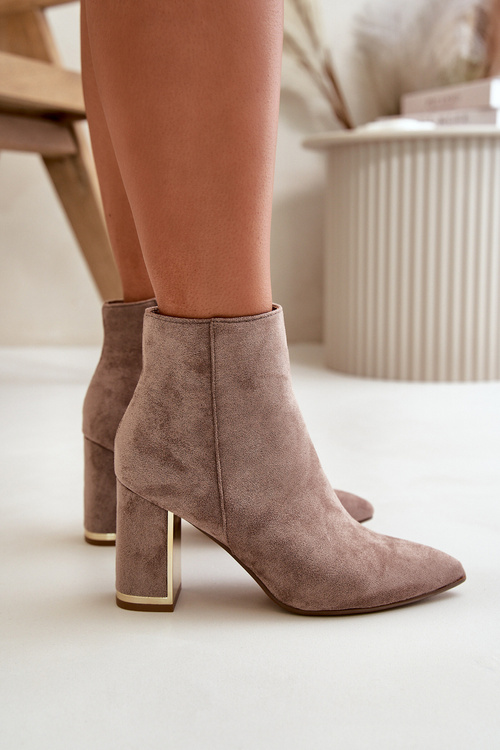 Eko Zamszowe Damskie Ocieplane Botki Na Słupku Zapinane Na Zamek Beżowe Mevair