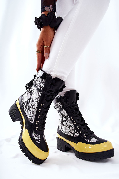Leather Snakeskin Boots Black and Yellow Meridiah