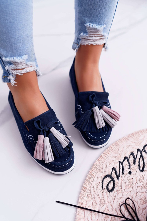 Women's Leather Suede Tassel Moccasins Navy Blue Batist