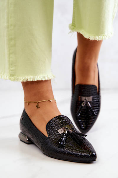 Lacquered Moccasins Crocodile Pattern With Fringes Black Pharell