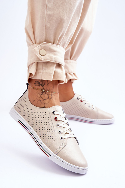 Women's Beige Leather Cut-Out Sneakers S.Barski LR952