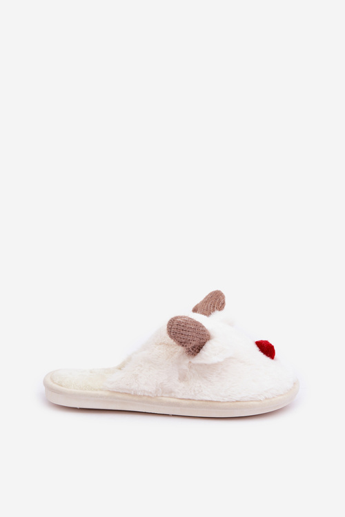 Women's Furry Slippers With Reindeer Motif White Sennalith