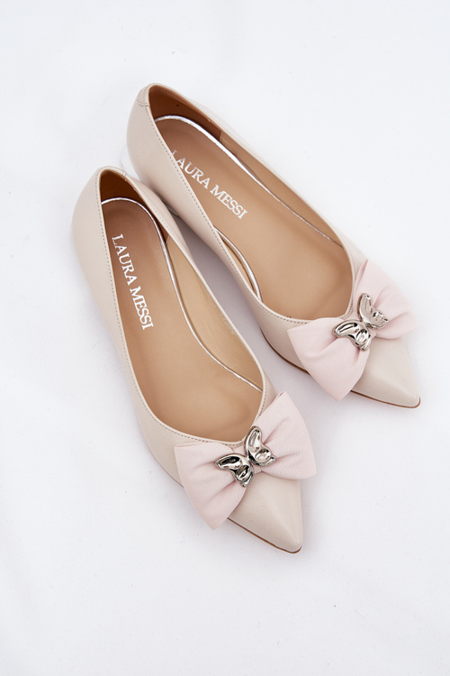 Elegant Leather Ballet Flats Women With Bow Laura Messi 2893 Beige