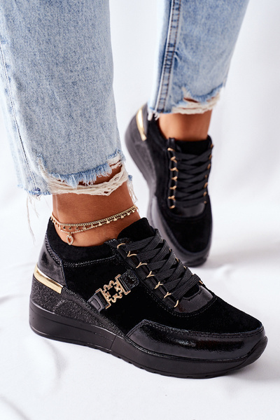 Women’s Leather Wedge Sneakers Black Montessori