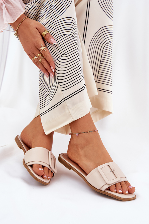 Eko Skórzane Klapki Damskie Płaskie Z Klamrą Beżowe Bamma