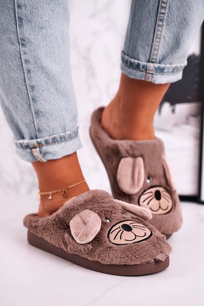 Women's Home Furry Mouse Slippers Beige Home Sweet Home