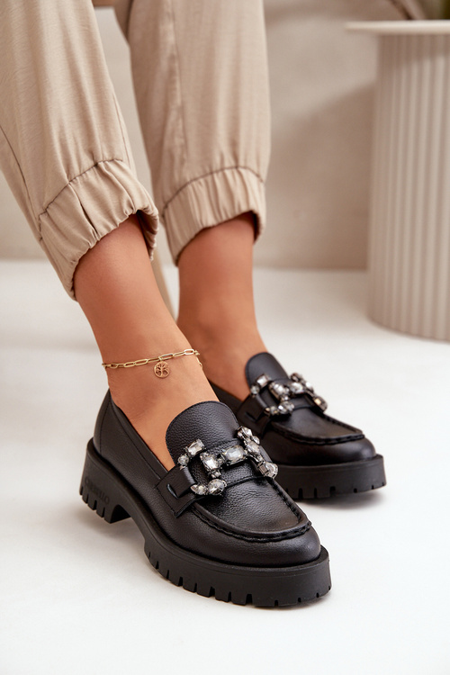 Ladies Leather Moccasins With Decoration Black CheBello 4369