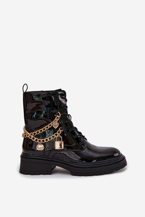 Lacquered Ankle Boots Workers Women's With Golden Chain Insulated Black Sarinae