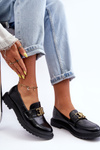 Women's Leather Moccasins on a Flat Heel Black Sincias