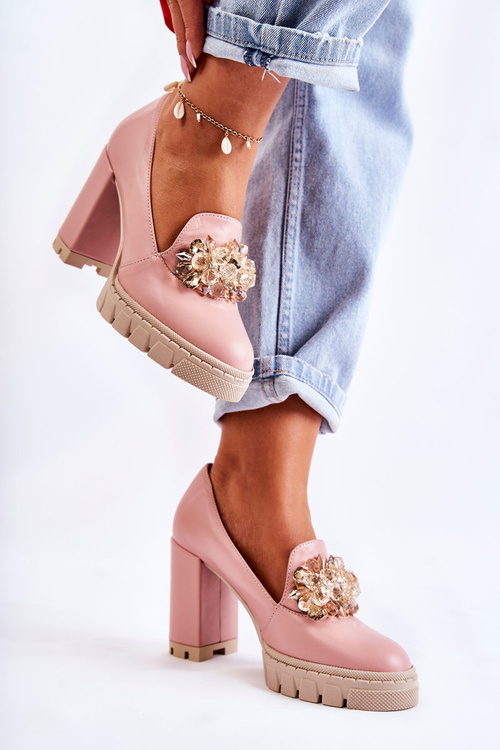 Elegant Pumps With Ornament Smooth Pink and Beige Caterine