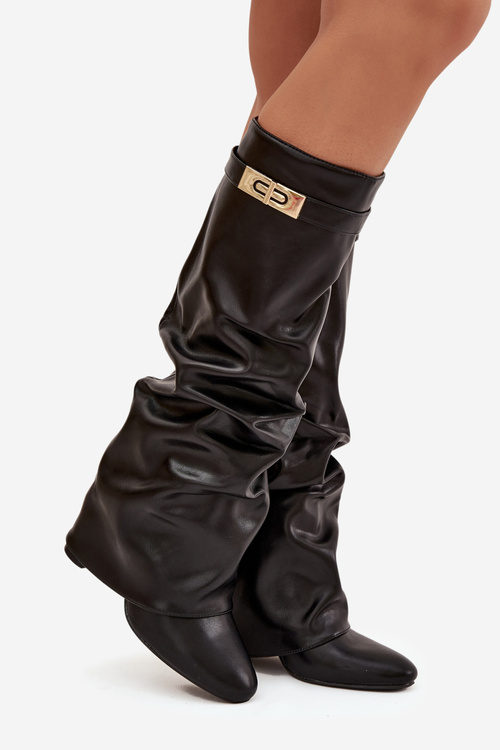 Women's Heeled Boots With Folded Shaft And Gold Detail Black Diorna